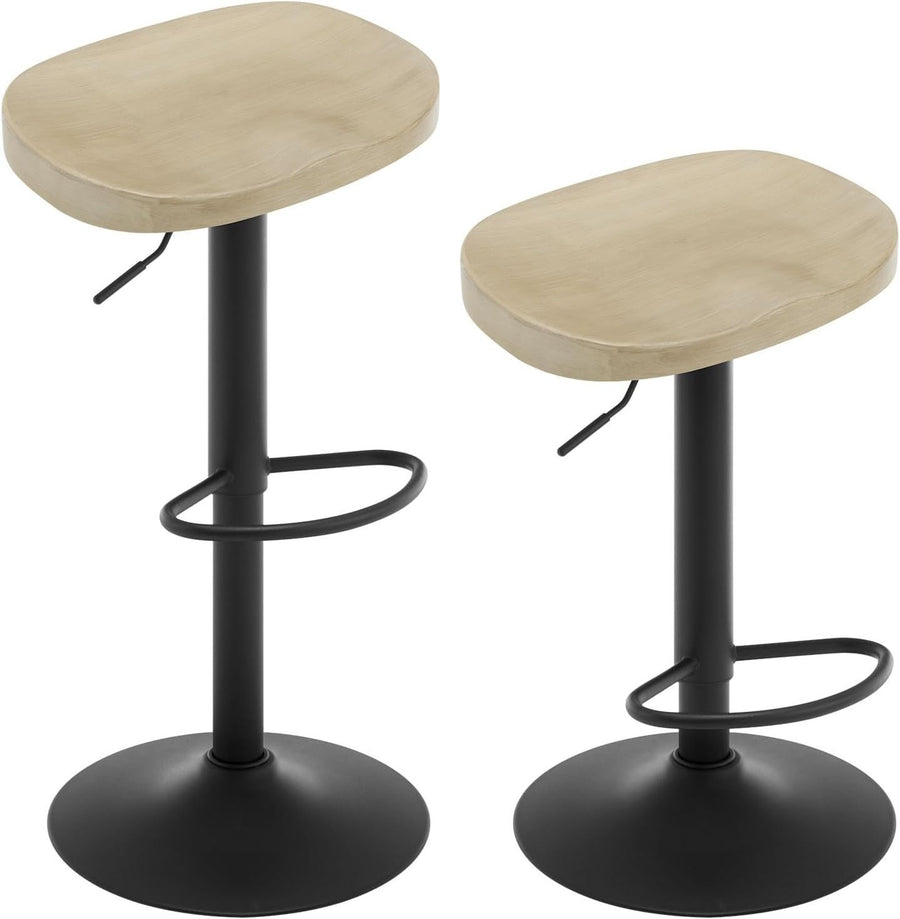 Set of 2 Light Wood Effect Swivel Bar Stools Adjustable Height Saddle Seat