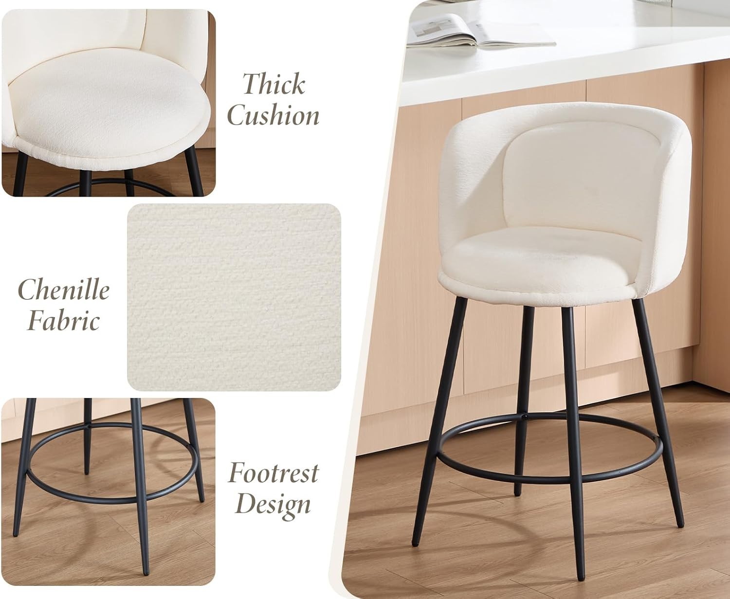 Counter Bar Stools Set of 2 | White Chenille L-Shaped Dining Chairs