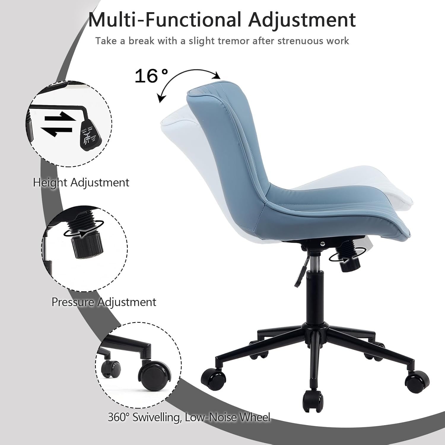 Ergonomic Blue Office Chair Swivel Desk Chair Faux Leather Home Task Seat