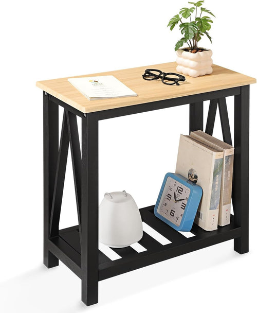 Narrow Wood Side Table with Shelves, Rectangular Nightstand for Small Spaces