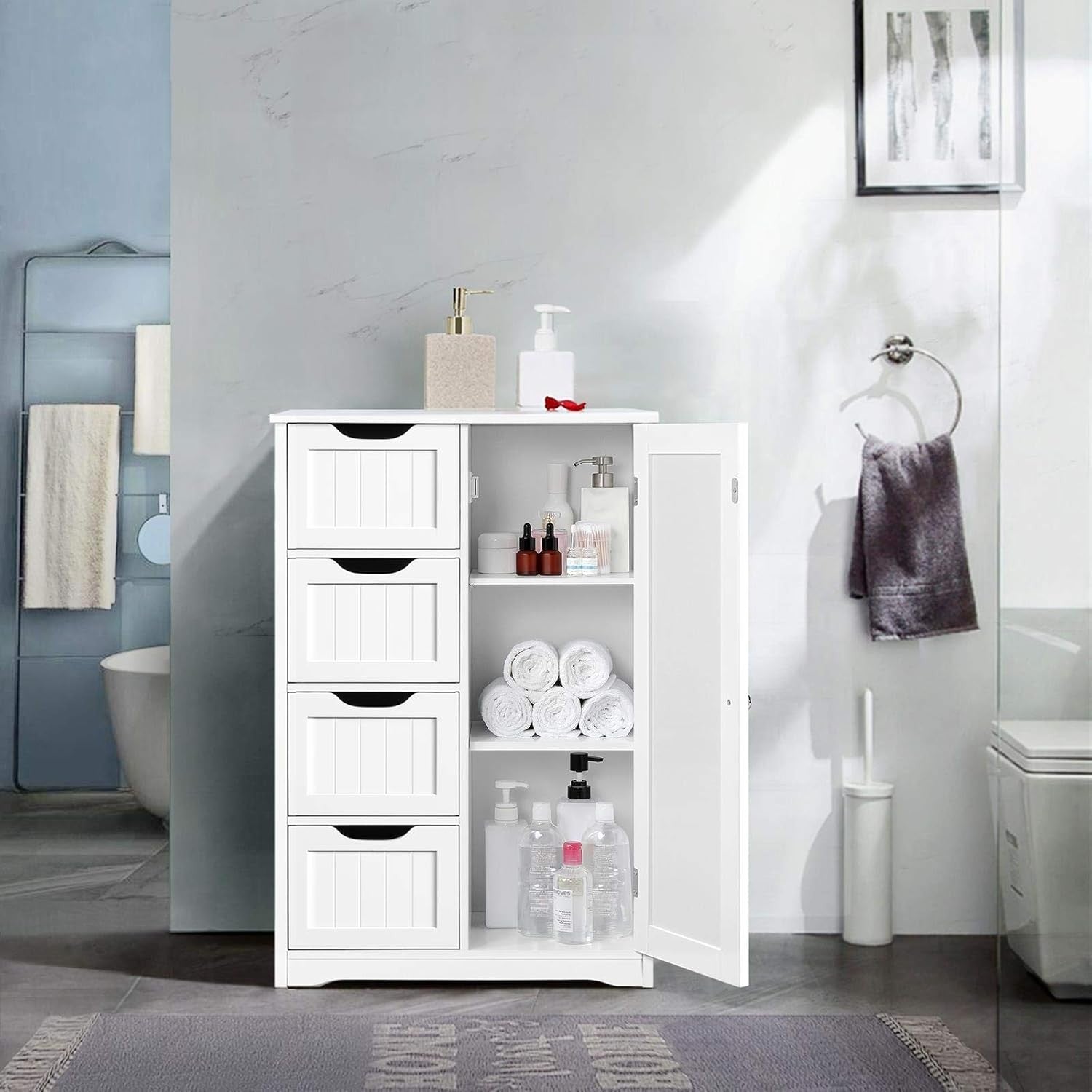 White Wooden Bathroom Cabinet 4 Drawer Storage Cupboard Organizer Unit