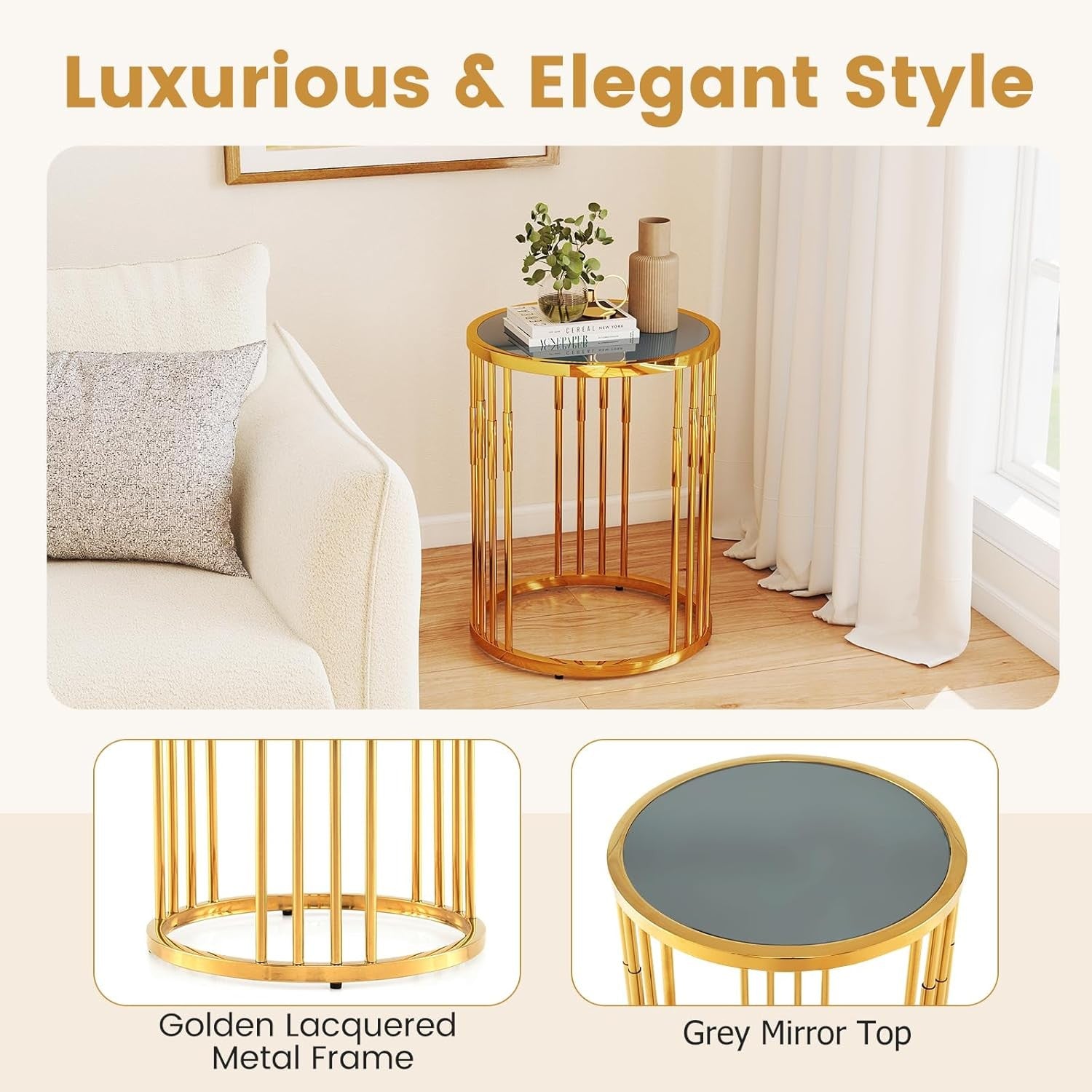 Round Gold Side Table with Glass Top | Modern Accent Sofa End Table 40cm