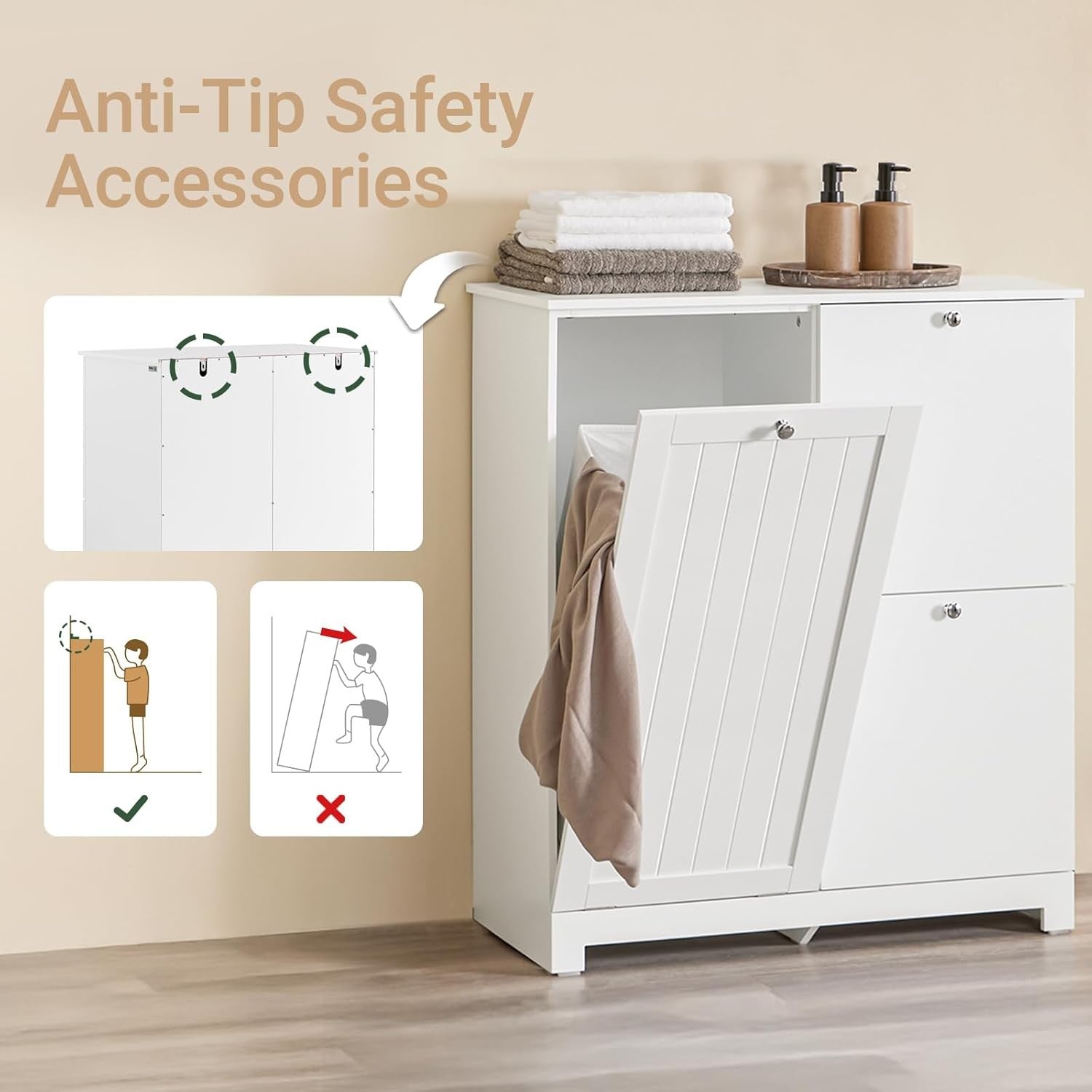 Slim Bathroom Laundry Cabinet with 3 Baskets Tall Storage Unit White