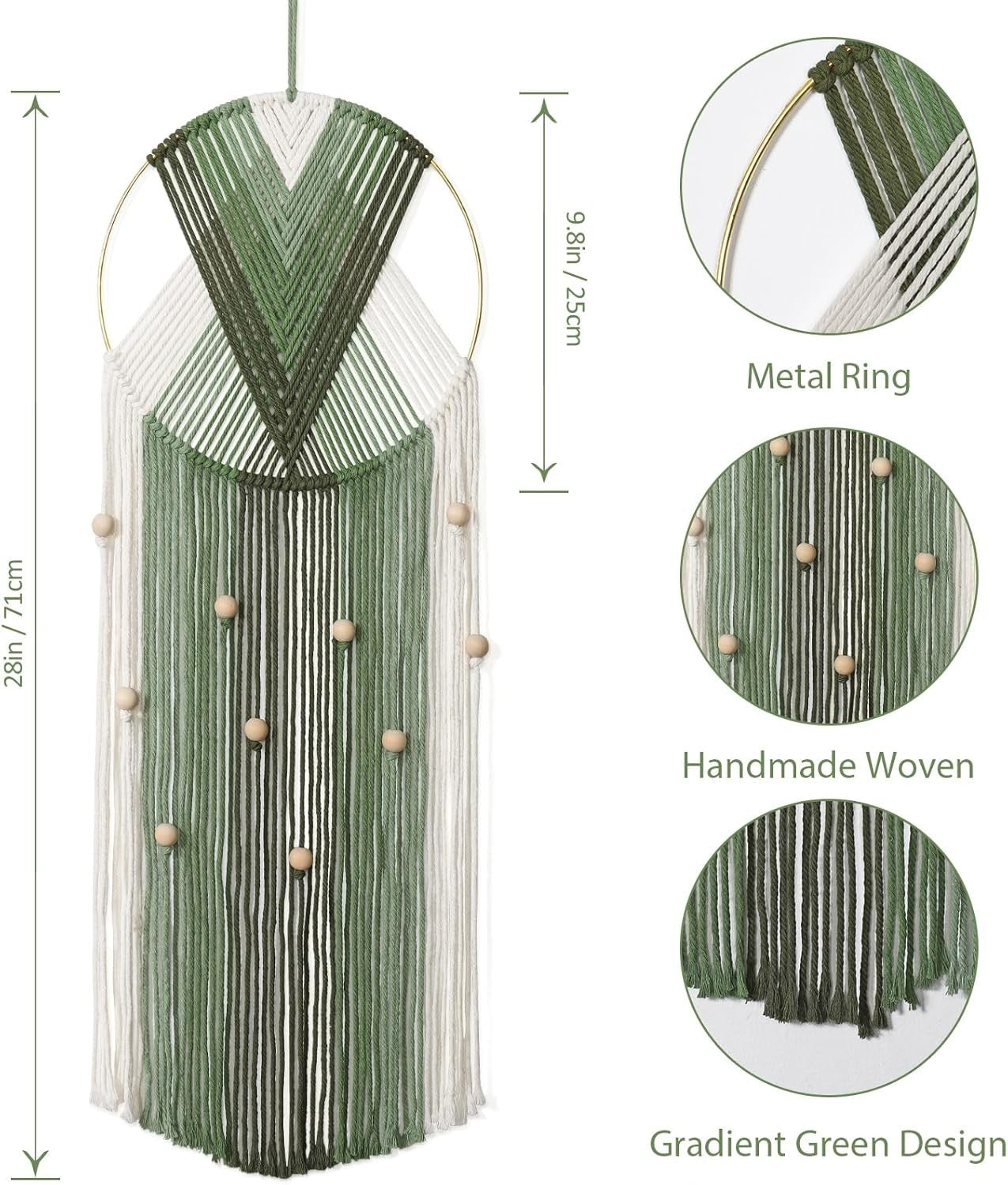 Beige Green Macrame Wall Hanging 25x71cm Boho Tassel Tapestry Decor