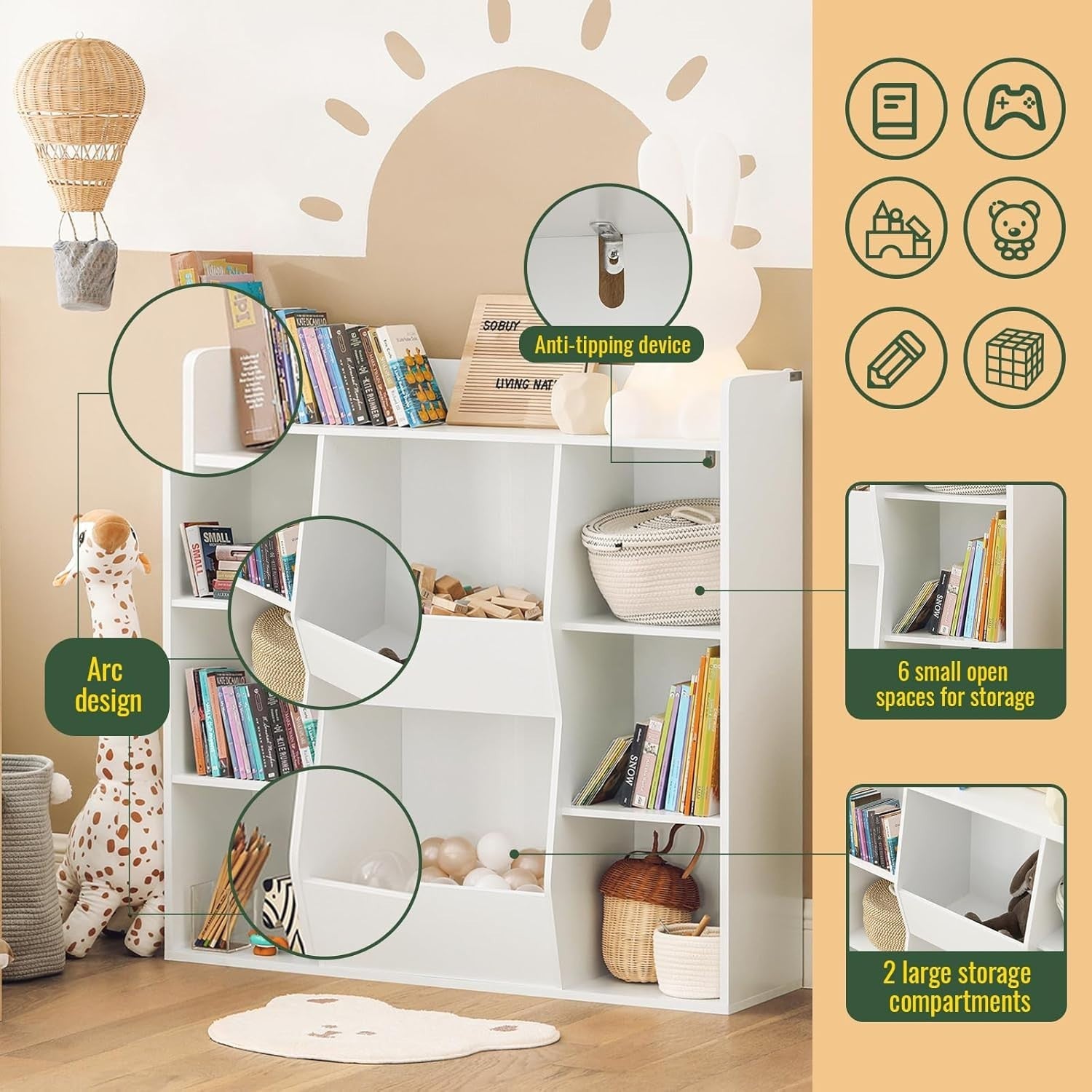 Kids Bookshelf with 8 Open Compartments, Safe Toddler Storage & Easy Access