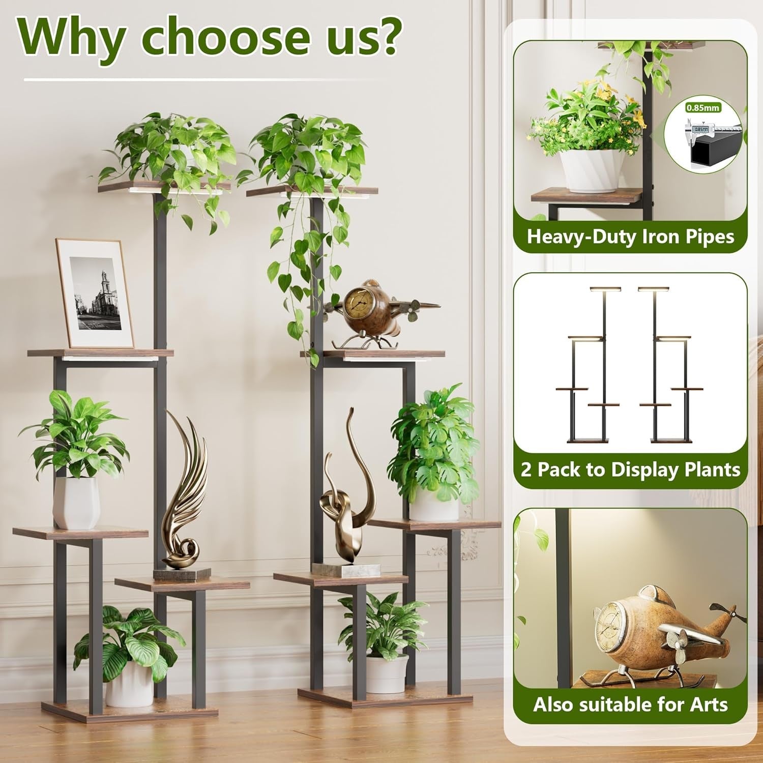 5 Tier Metal Plant Stand with Grow Lights Indoor Corner Shelf Set of 2, 100cm Ta
