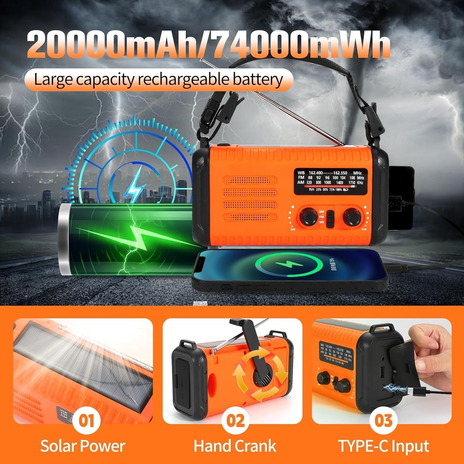 Wind Up Solar Emergency Radio 20000mAh AM/FM NOAA SOS Torch Orange