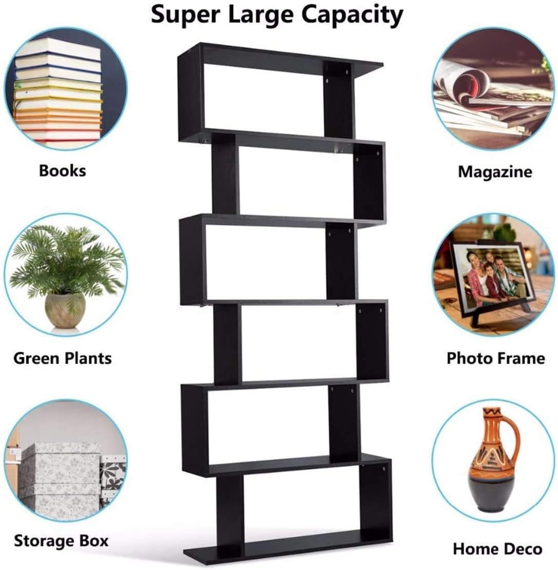 Modern S-Shape 6-Tier Bookcase Free Standing Display Shelf Unit Storage