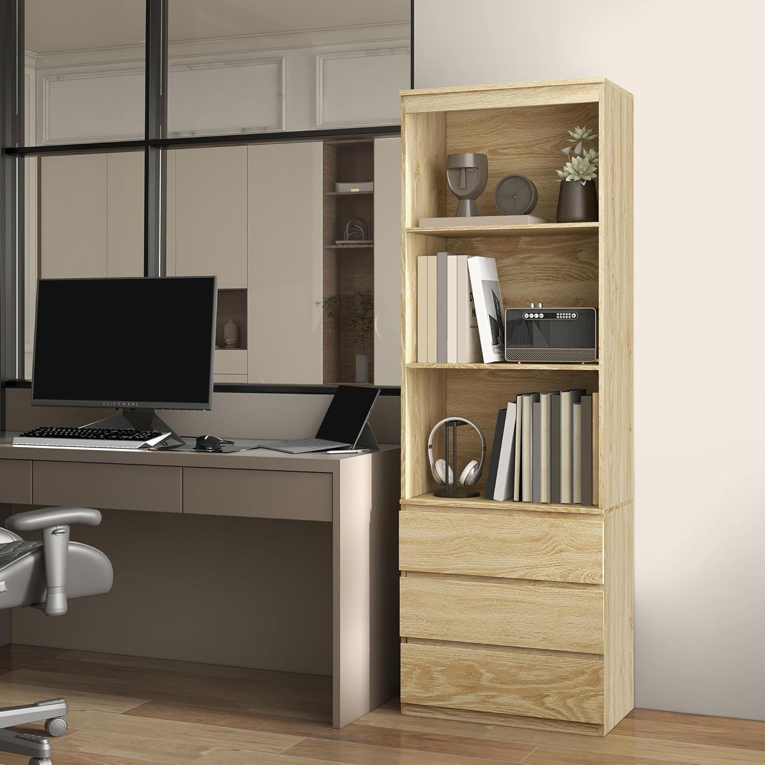 Tall Oak Bookcase with Drawers 180cm Slim Storage Shelf Modern Display Unit