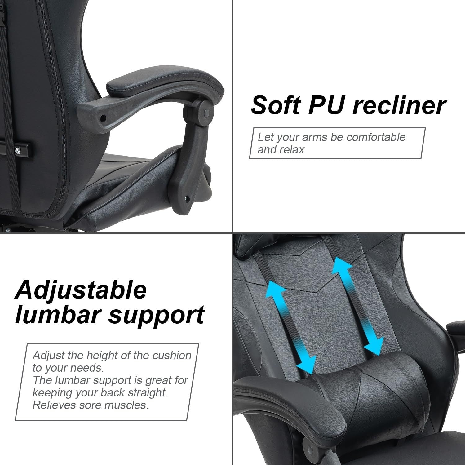 Ergonomic Faux Leather Gaming Chair Swivel Recliner Adjustable Height Black