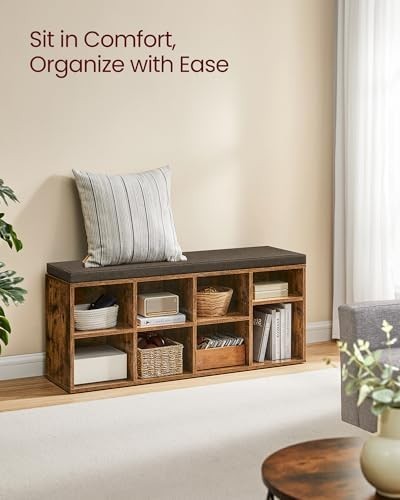 Rustic Brown Hallway Bench with 8 Compartments & Padded Seat