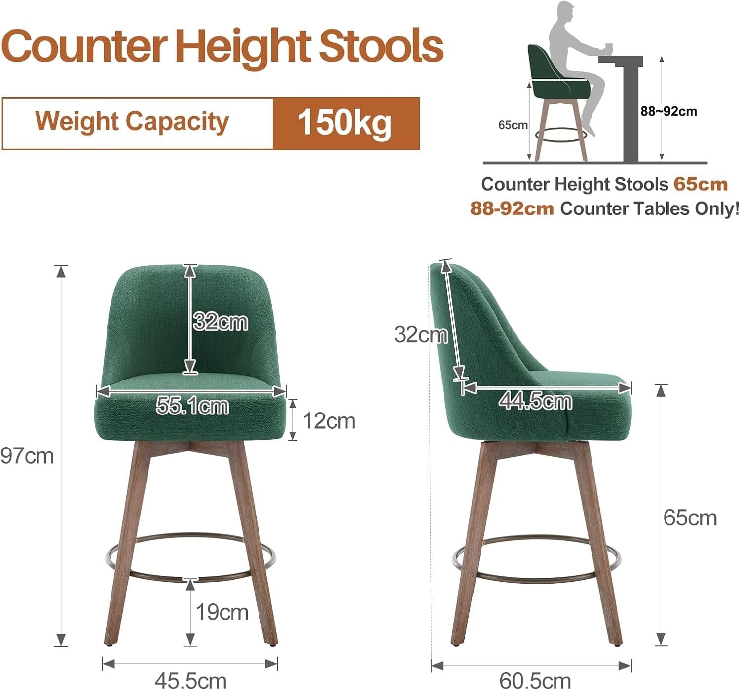 2PCS Linen Green Swivel Bar Stools 65cm Seat Height L-Shaped Wood Legs