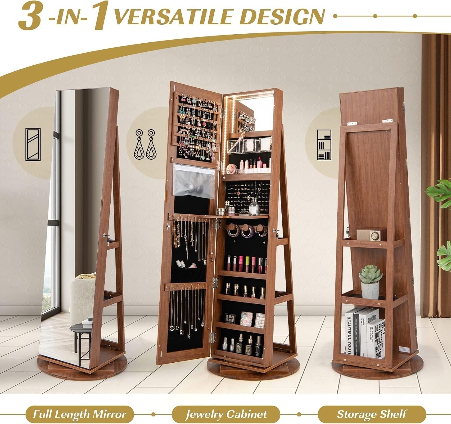 360° Swivel Jewelry Armoire Lockable Full Length Mirror LED Storage Brown