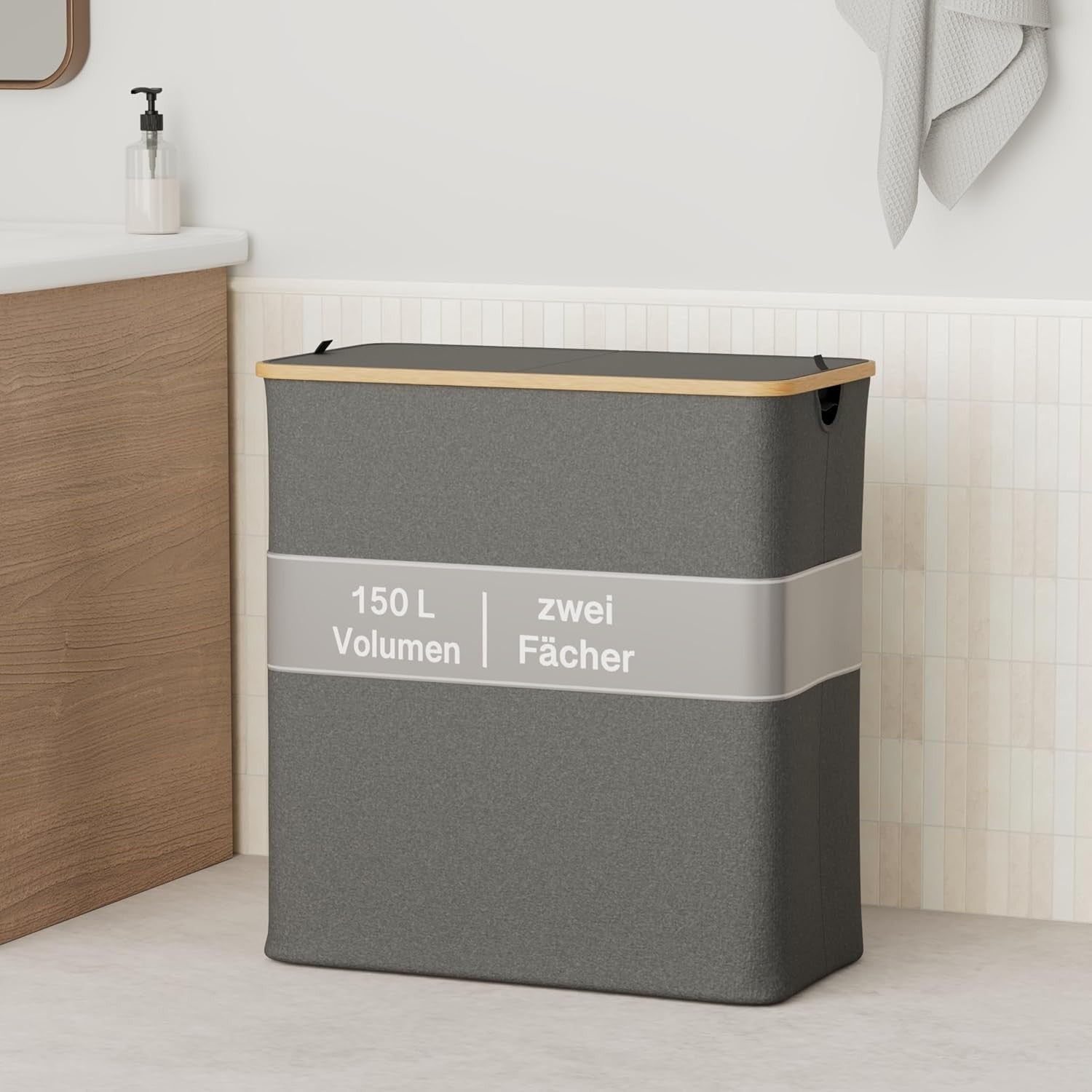150L Foldable Laundry Hamper With Lid Large Bamboo Dark Grey Basket 2 Sections