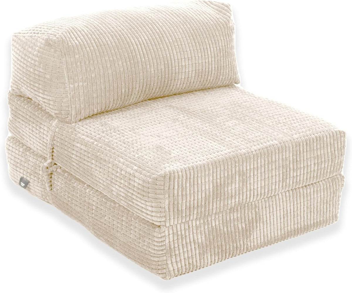 Fold Out Chair Bed Single Futon Mattress Corduroy Sofa Guest Cream