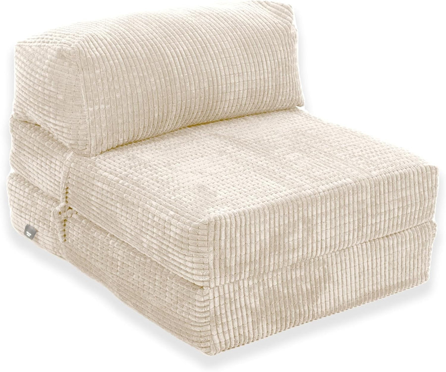 Fold Out Chair Bed Single Futon Mattress Corduroy Sofa Guest Cream
