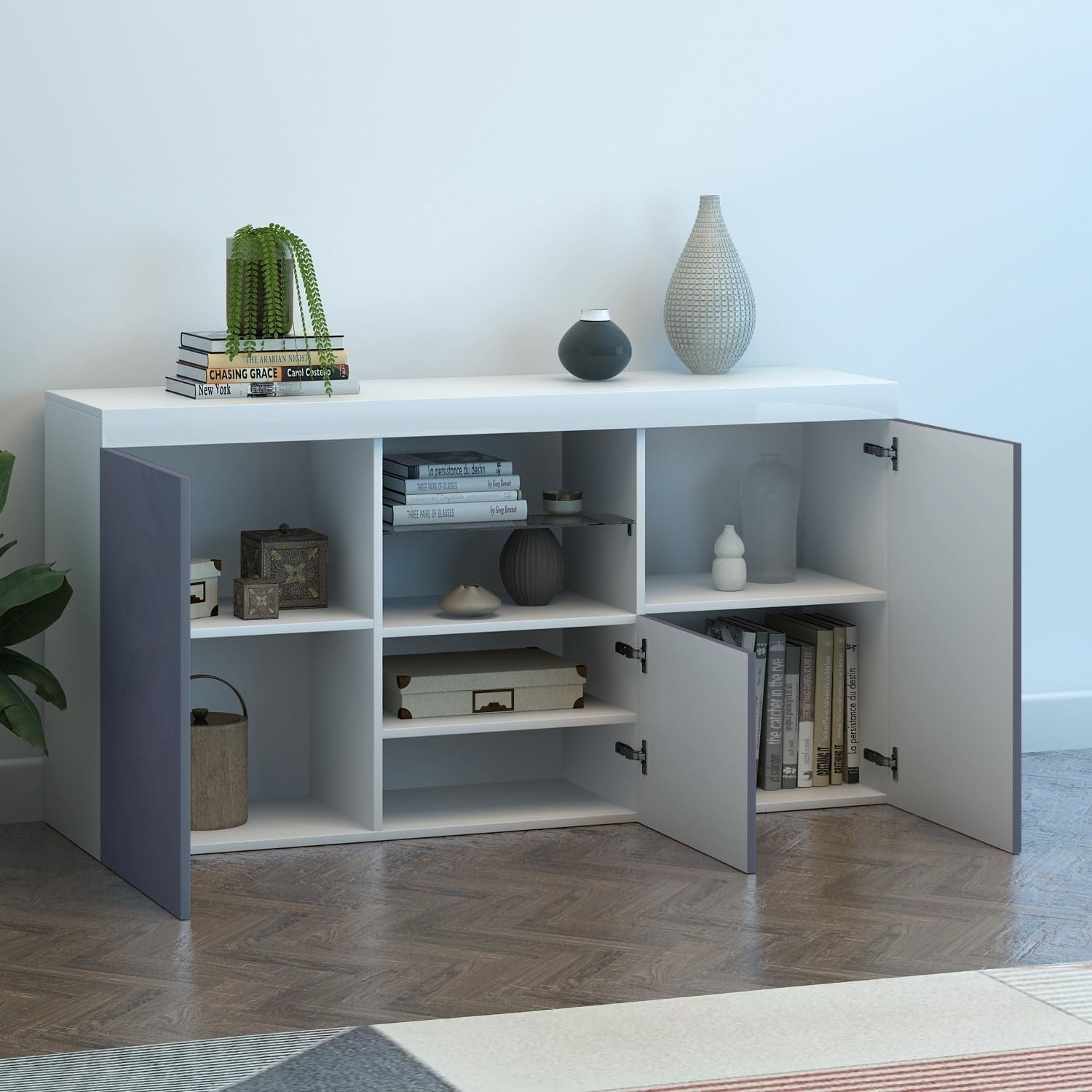 High Gloss Grey Sideboard Cabinet with LED Lights 3 Doors Storage Unit