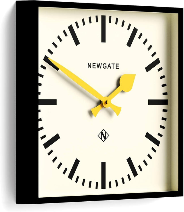 Silent Square Retro Wall Clock 40cm Yellow Hands Black Dial Office Home