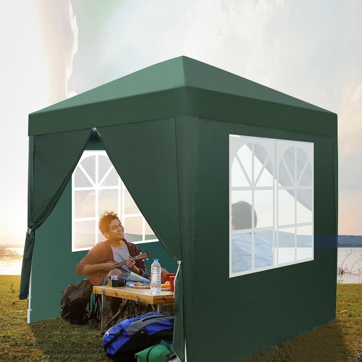 2x2M Green Pop Up Gazebo with Sides Easy Setup Waterproof Garden Party Tent
