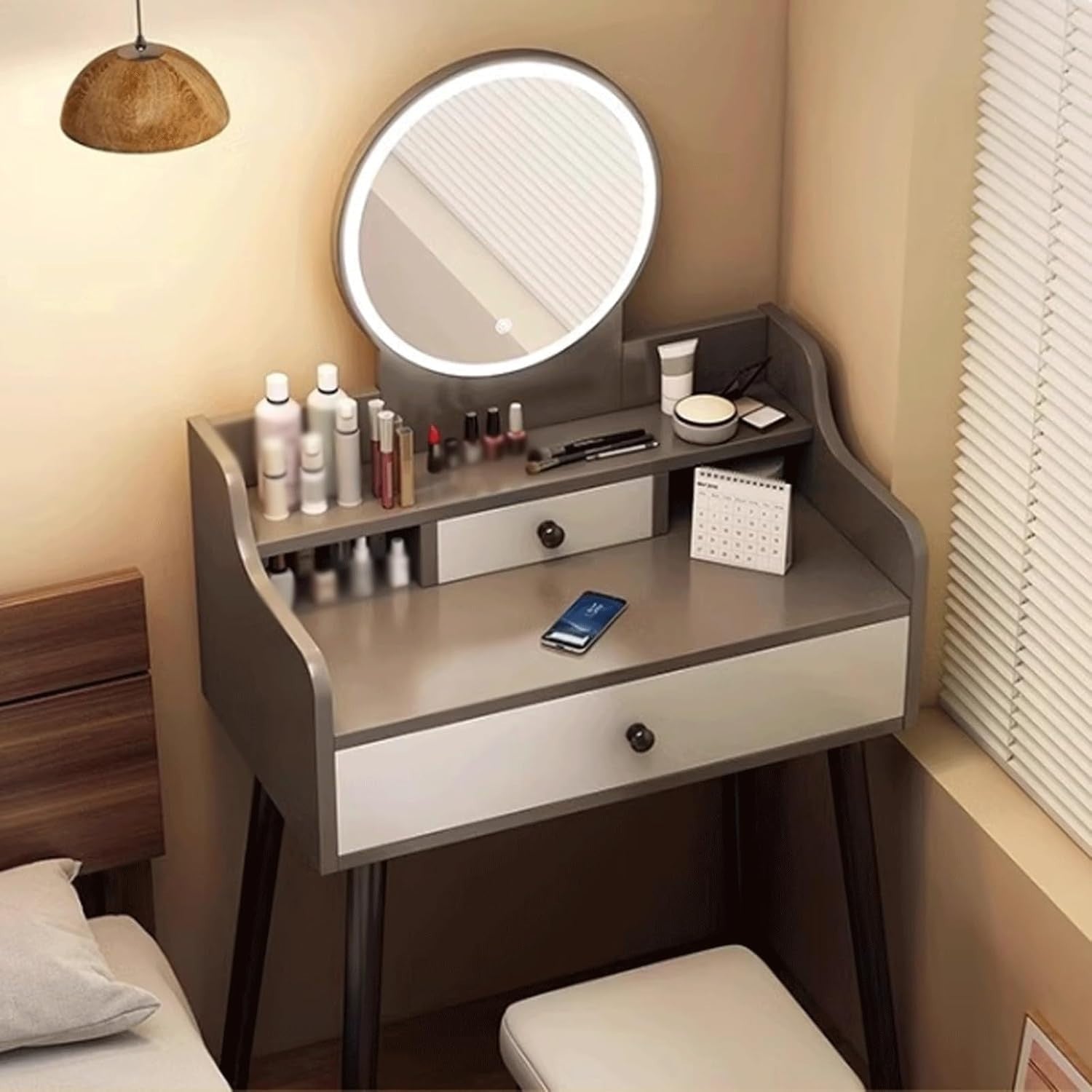 Grey Makeup Vanity Table Set w/ Lighted Mirror 3 Color LED Storage Drawers Desk