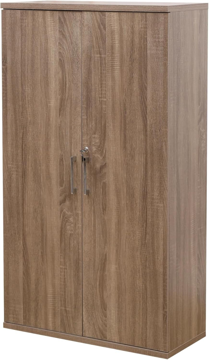 Tall Dark Oak Office Storage Cabinet Lockable 2 Door Cupboard 3 Shelves