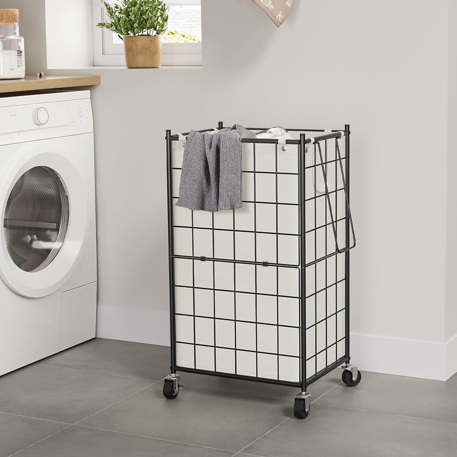 100L Rolling Laundry Hamper with Wheels & Removable Bag Metal Frame Black White