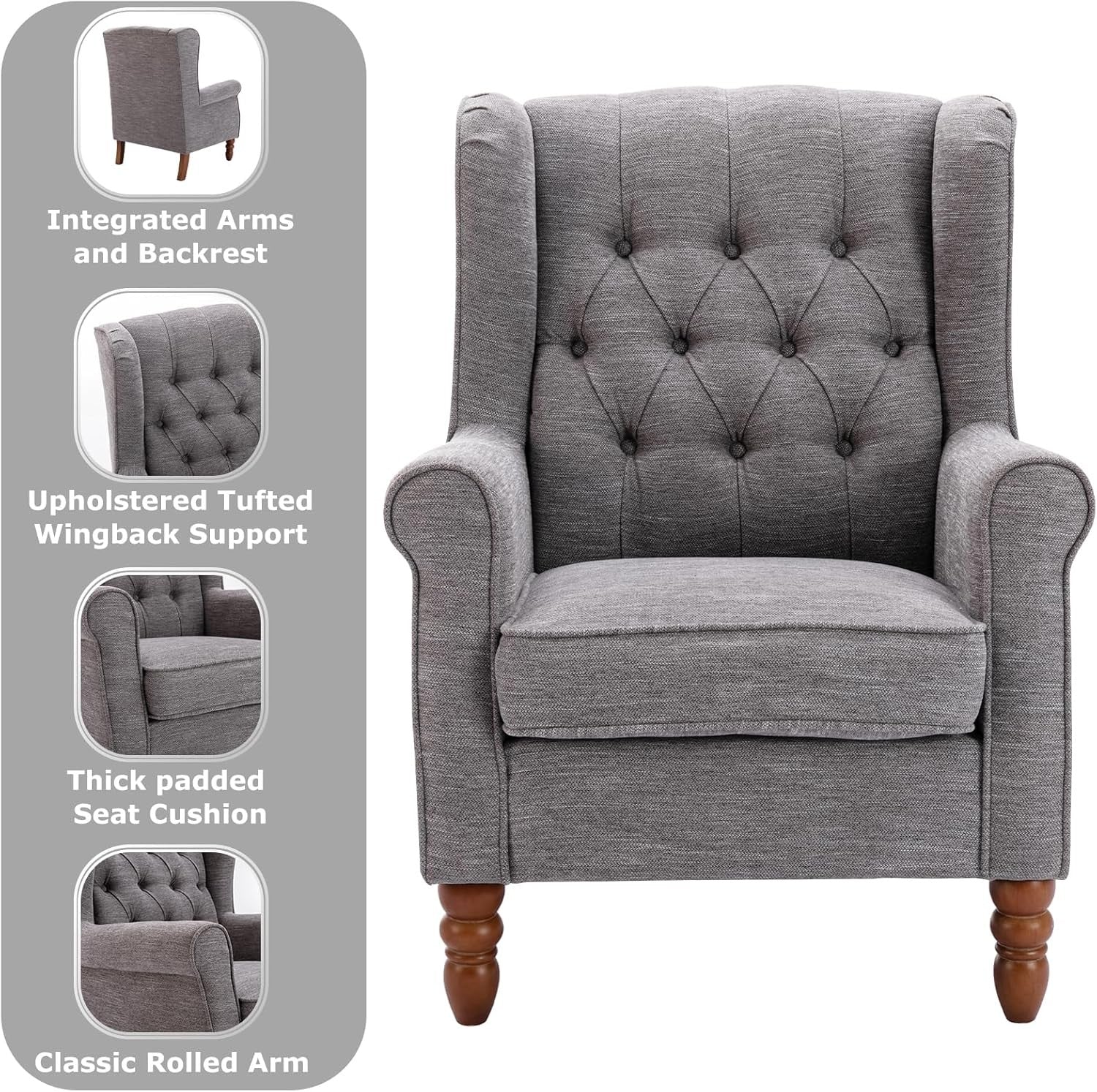 Grey Wingback Accent Armchair Button Tufted Fabric Lounge Chair