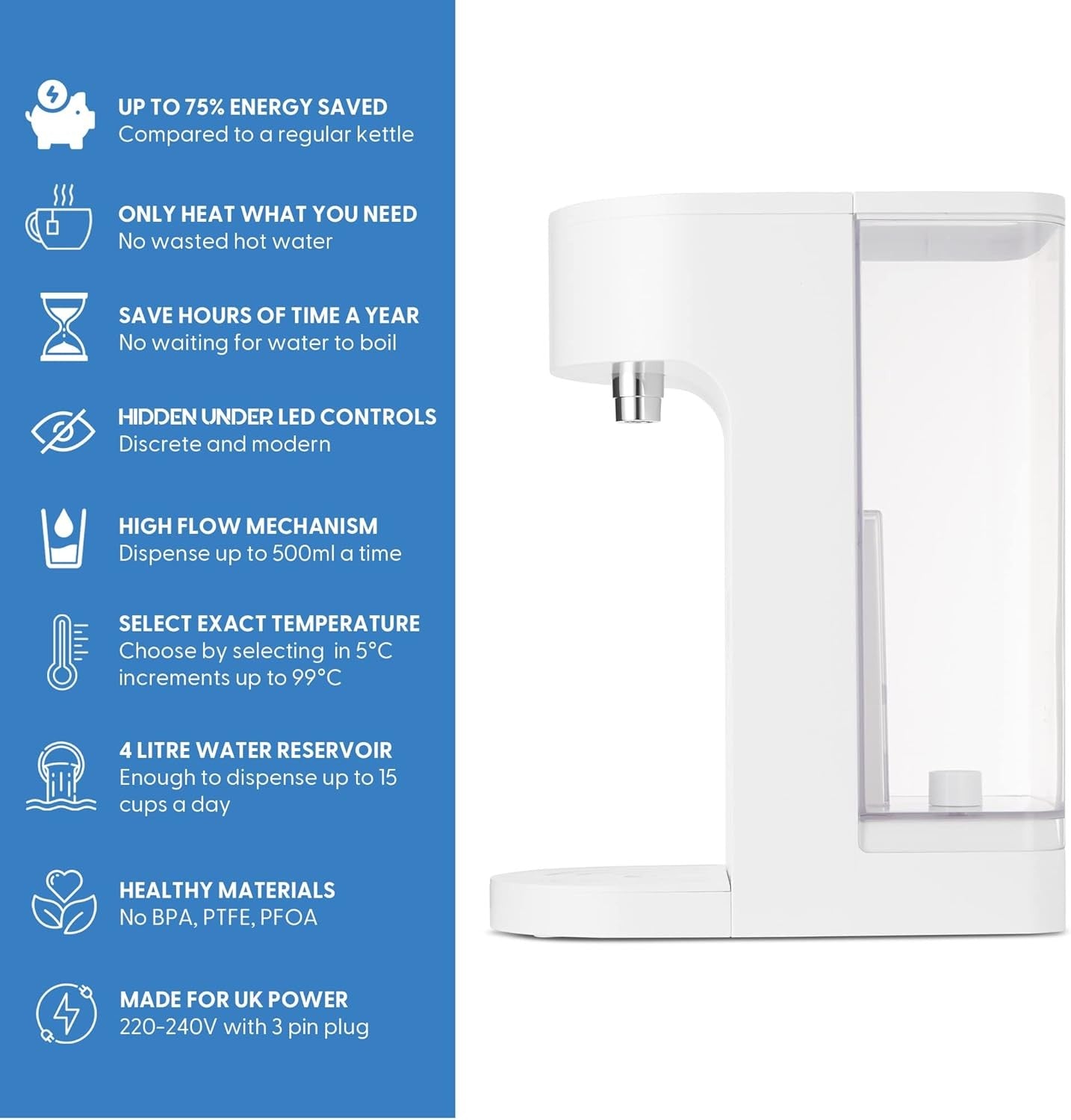 Instant Hot Water Dispenser 4L Touch LED Fast Boil Energy Saving Countertop