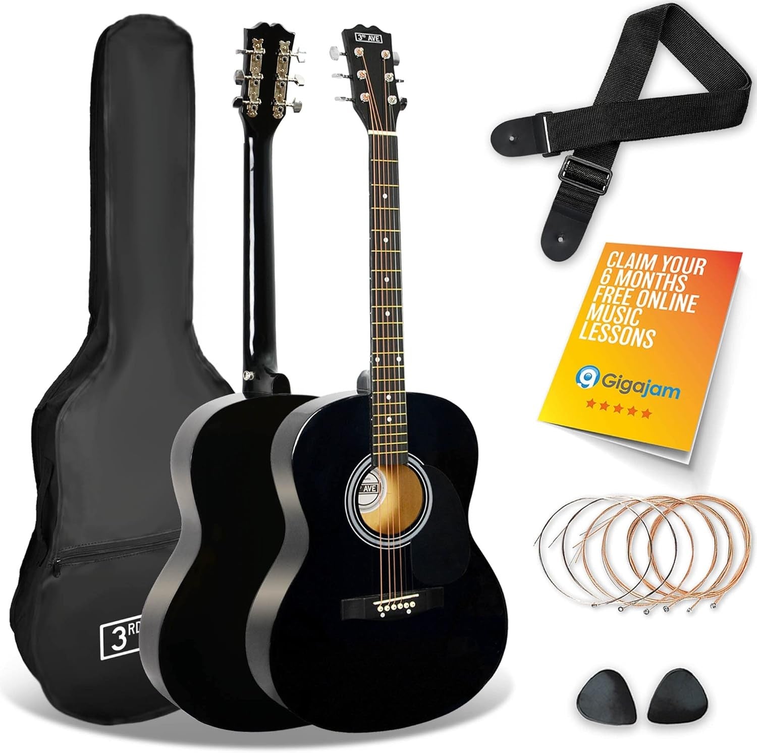 Full Size 4/4 Acoustic Guitar Starter Pack Steel String Black