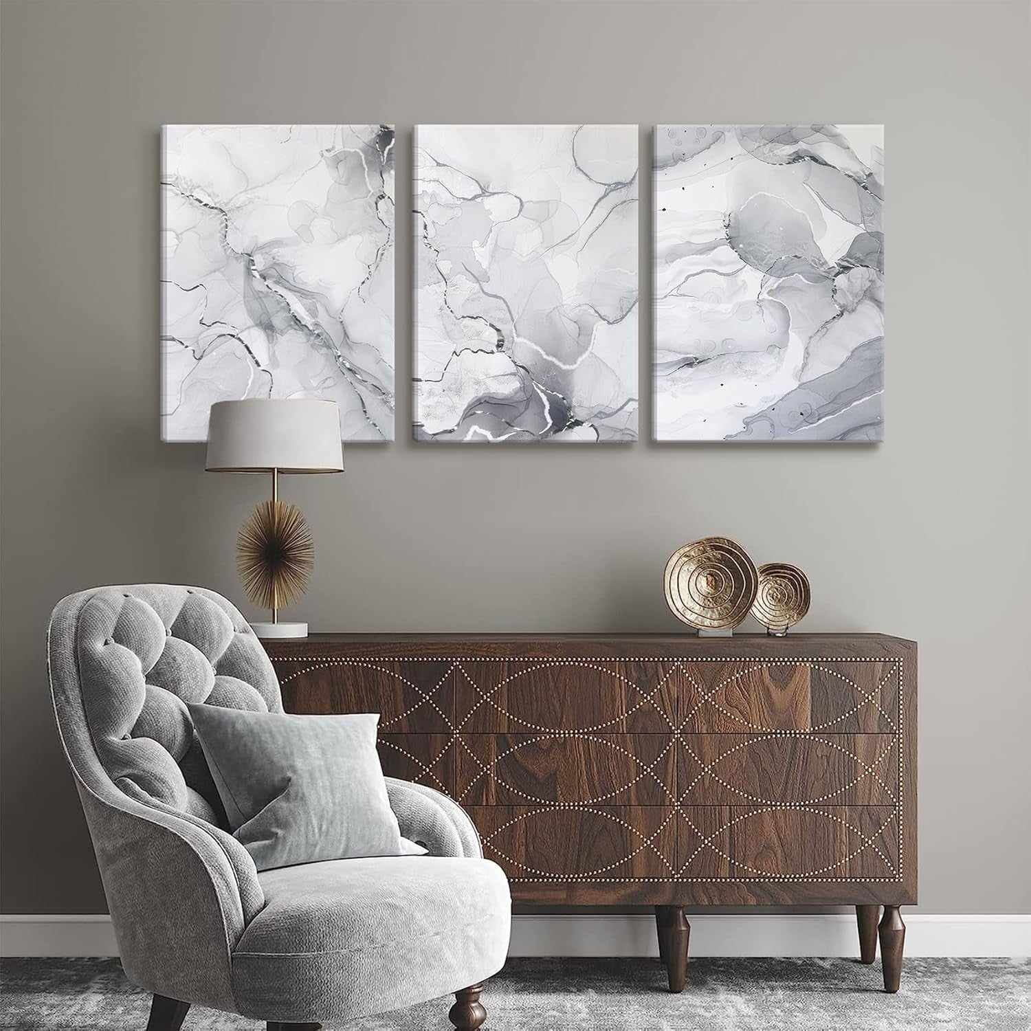Grey White Marble Canvas Wall Art Set of 3 12x16in Abstract
