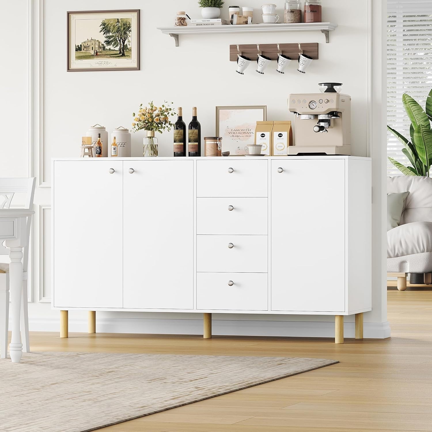 Modern White Sideboard Cabinet with Drawers & Doors 140cm Storage Unit