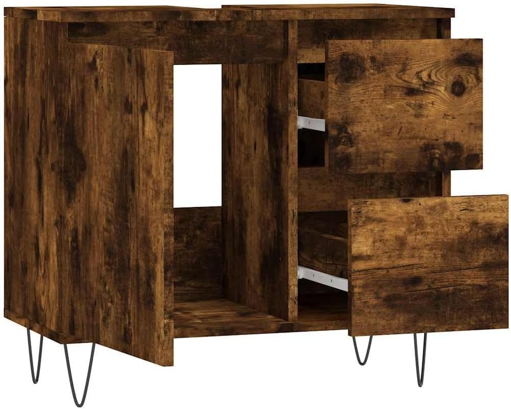 Smoked Oak Bathroom Vanity Cabinet 65cm Under Sink Storage Unit Cupboard Drawers