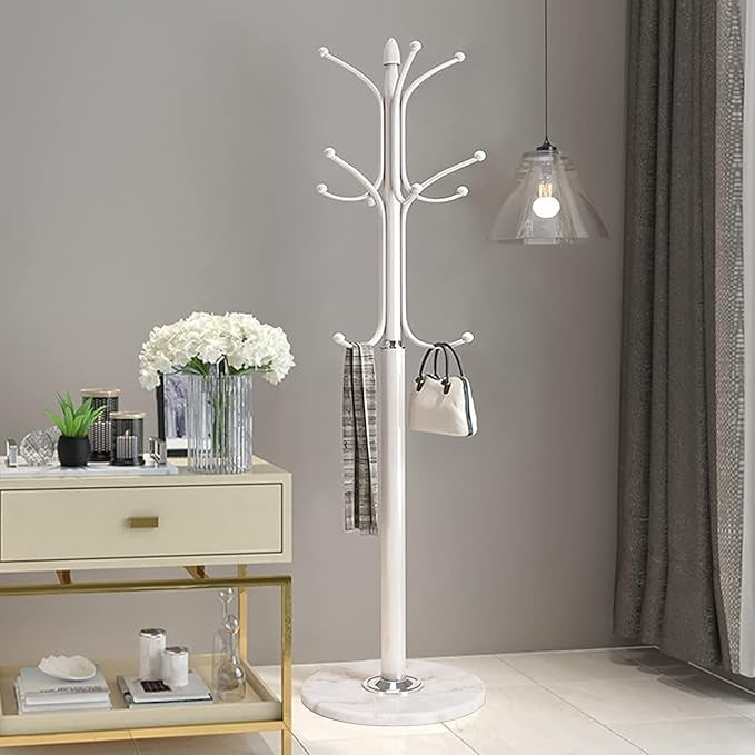 White Metal Coat Rack Stand with Marble Base 12 Hooks Hall Tree for Entryway