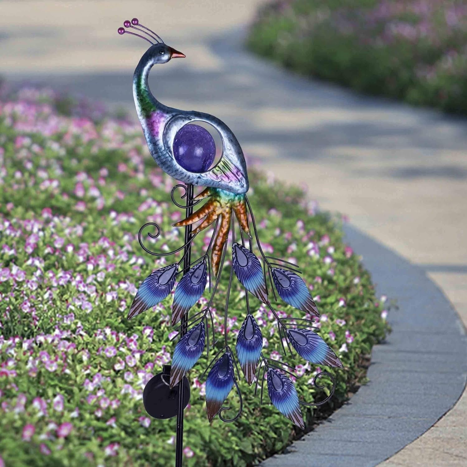 Solar Peacock Garden Ornament 61cm | Metal Crackle Glass Light Outdoor Yard