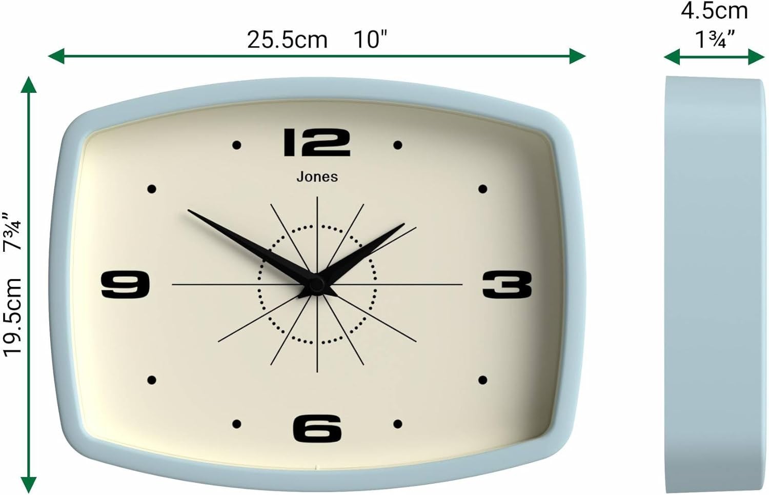 Retro 25cm Wall Clock Rectangle Silent Pale Blue Kitchen Living Room Decor