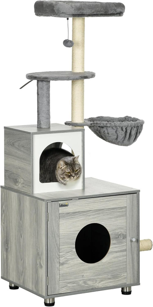 Cat Litter Box Enclosure with Cat Tree Scratching Posts Platform Condo
