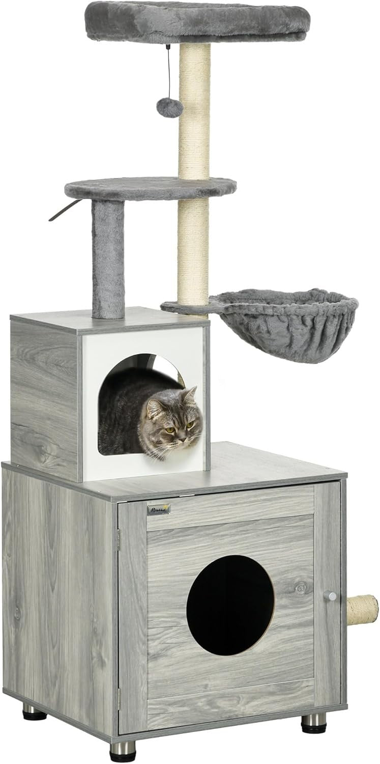Cat Litter Box Enclosure with Cat Tree Scratching Posts Platform Condo
