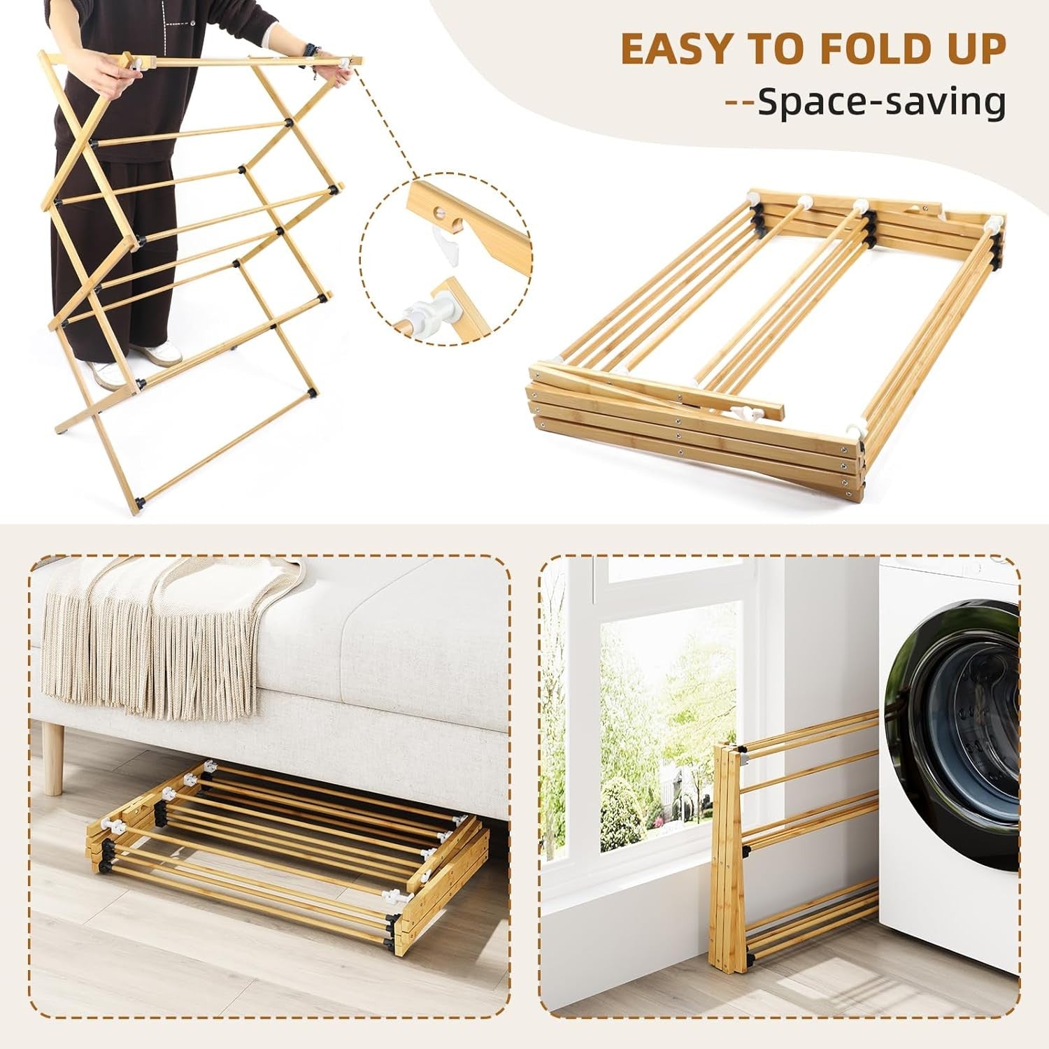 Bamboo Clothes Airer Folding Indoor Drying Rack Space Saving Laundry Stand