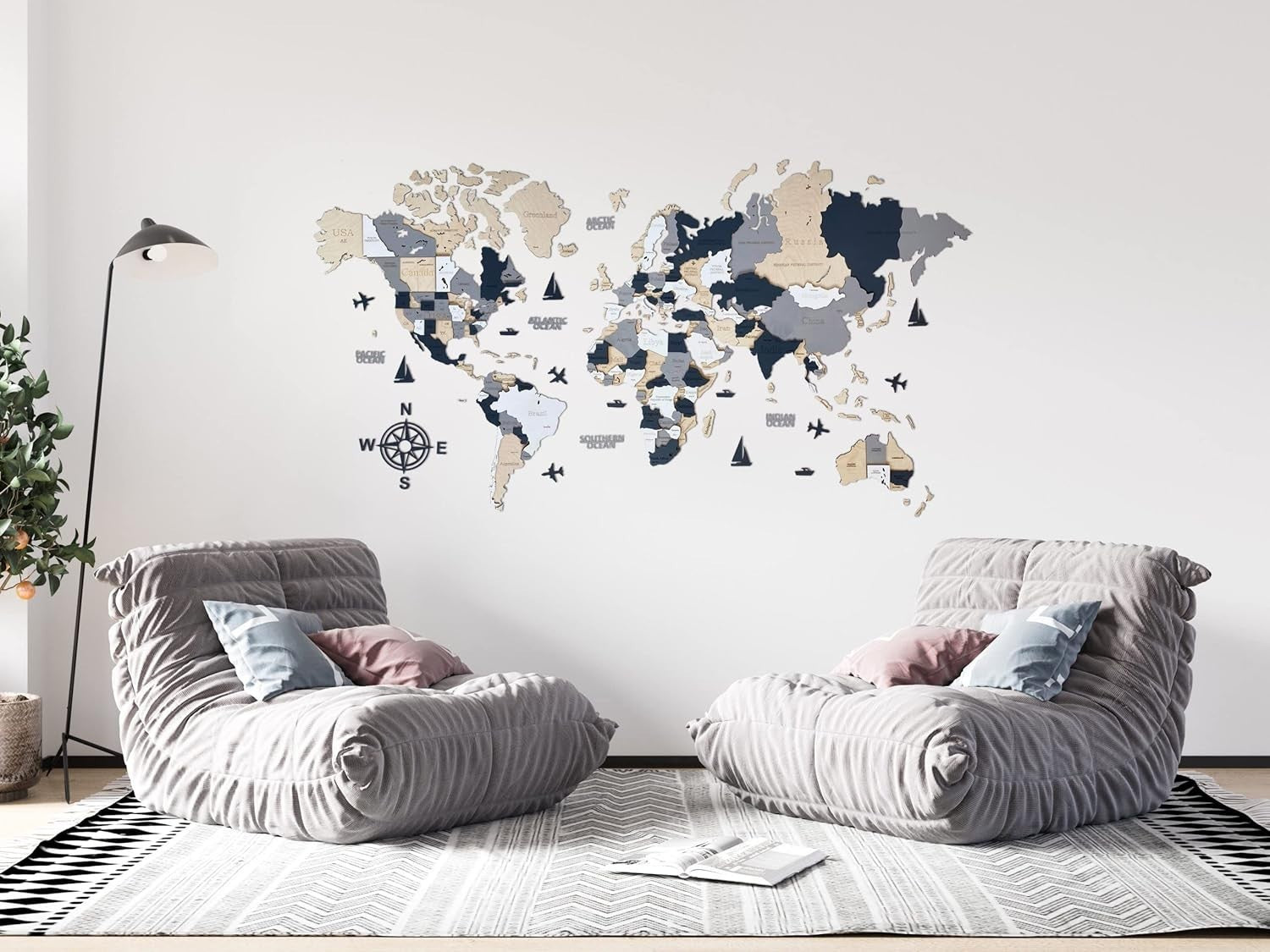 3D Wooden World Map Wall Art Alaska Travel Decor 120x62cm