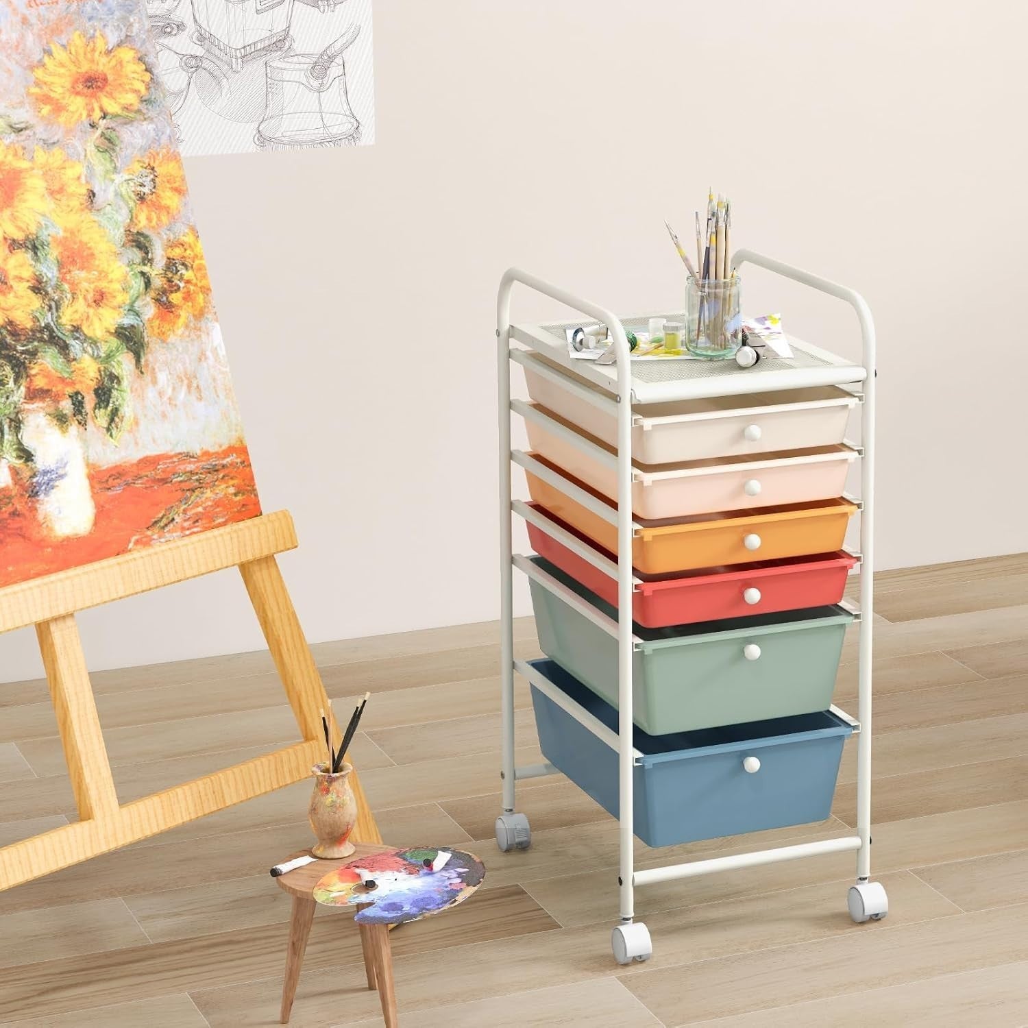 Colorful 6 Drawer Rolling Storage Cart Craft Office Beauty Organizer