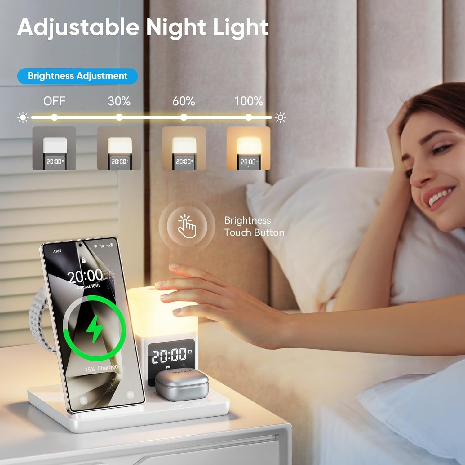 Wireless Charging Station Alarm Clock LED Night Light Fast Charge Bedside