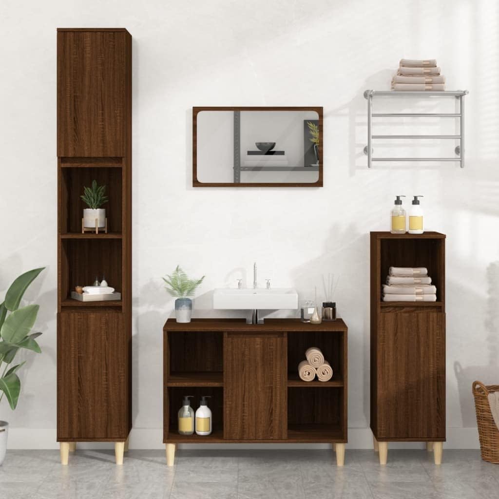 Brown Oak Bathroom Sink Cabinet with Storage Shelves – Nordic Vanity Unit 80cm