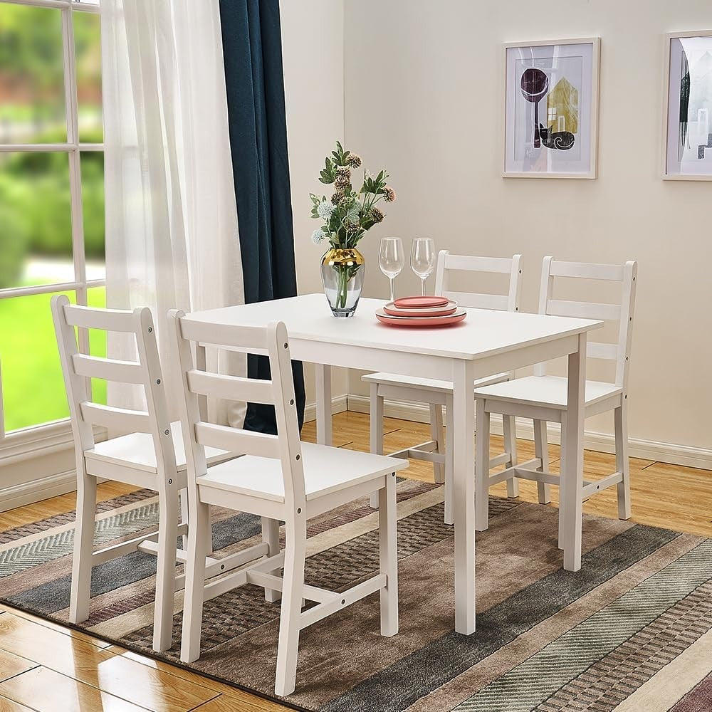 Solid Pine Dining Table Set 4 Chairs White | Durable Kitchen Furniture