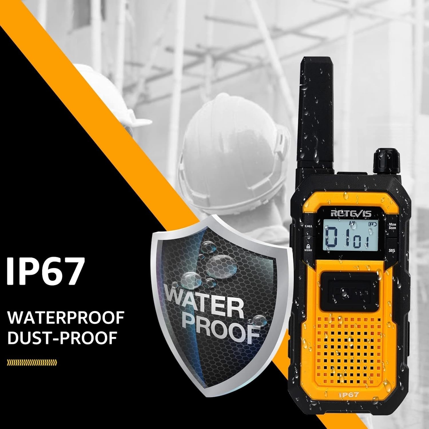 Heavy Duty Walkie Talkies IP67 Waterproof SOS VOX 6 Pack Yellow