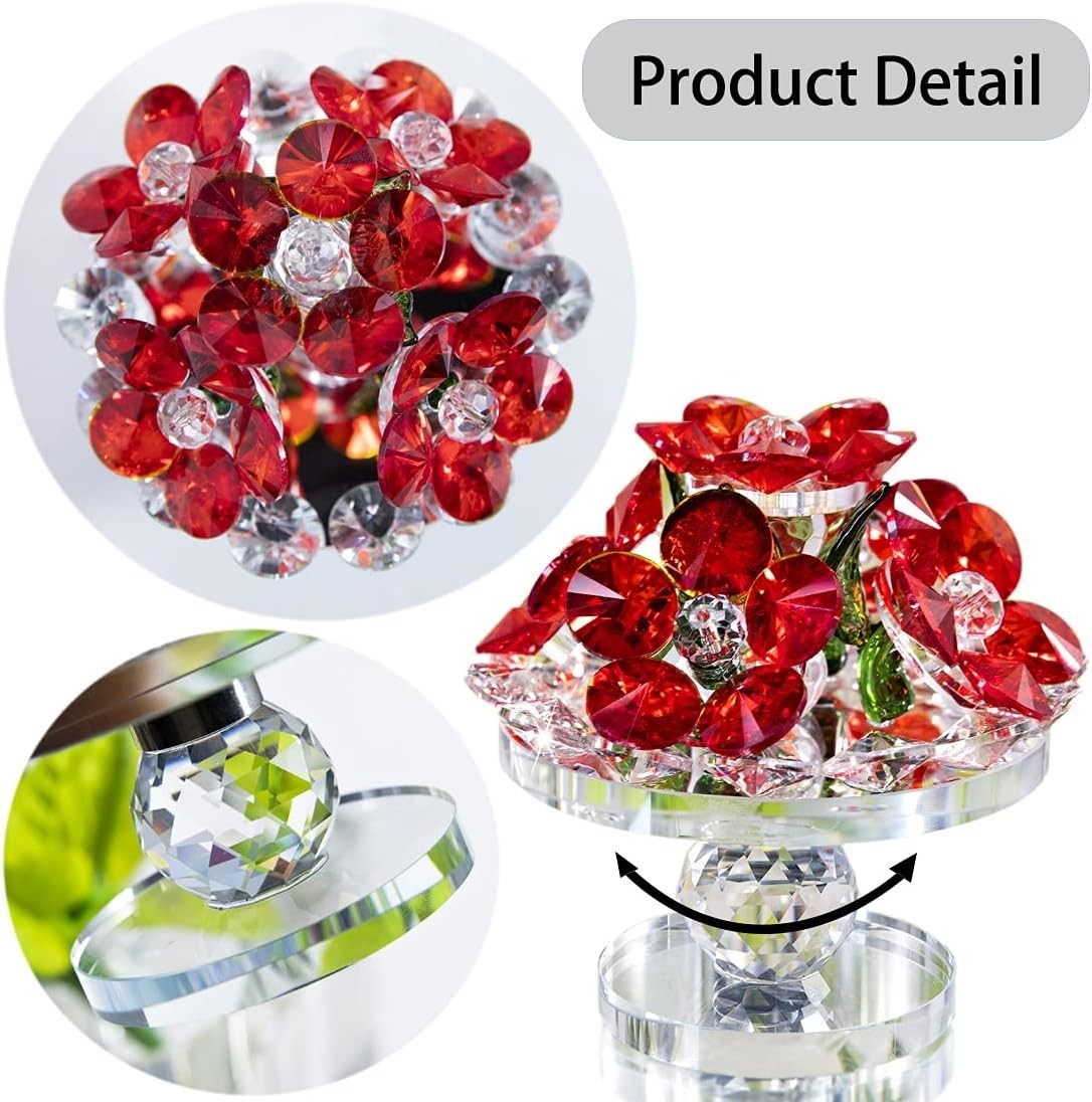 Crystal Red Flower Bouquet Ornament • K9 Glass Centerpiece • Elegant Home Décor