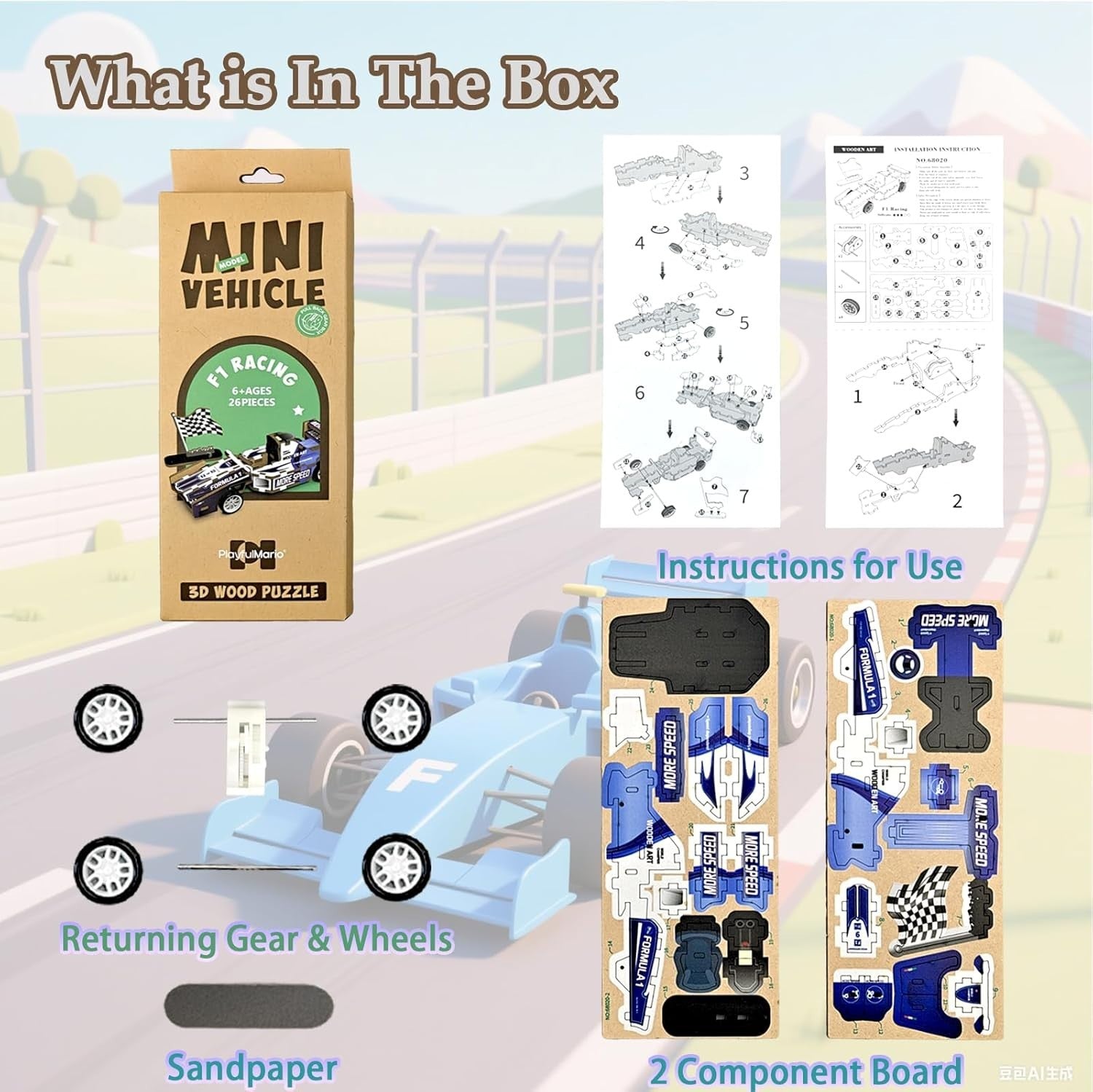 3D Wooden F1 Puzzle Car Kit for Kids 6-10 – Educational Build & Display Toy