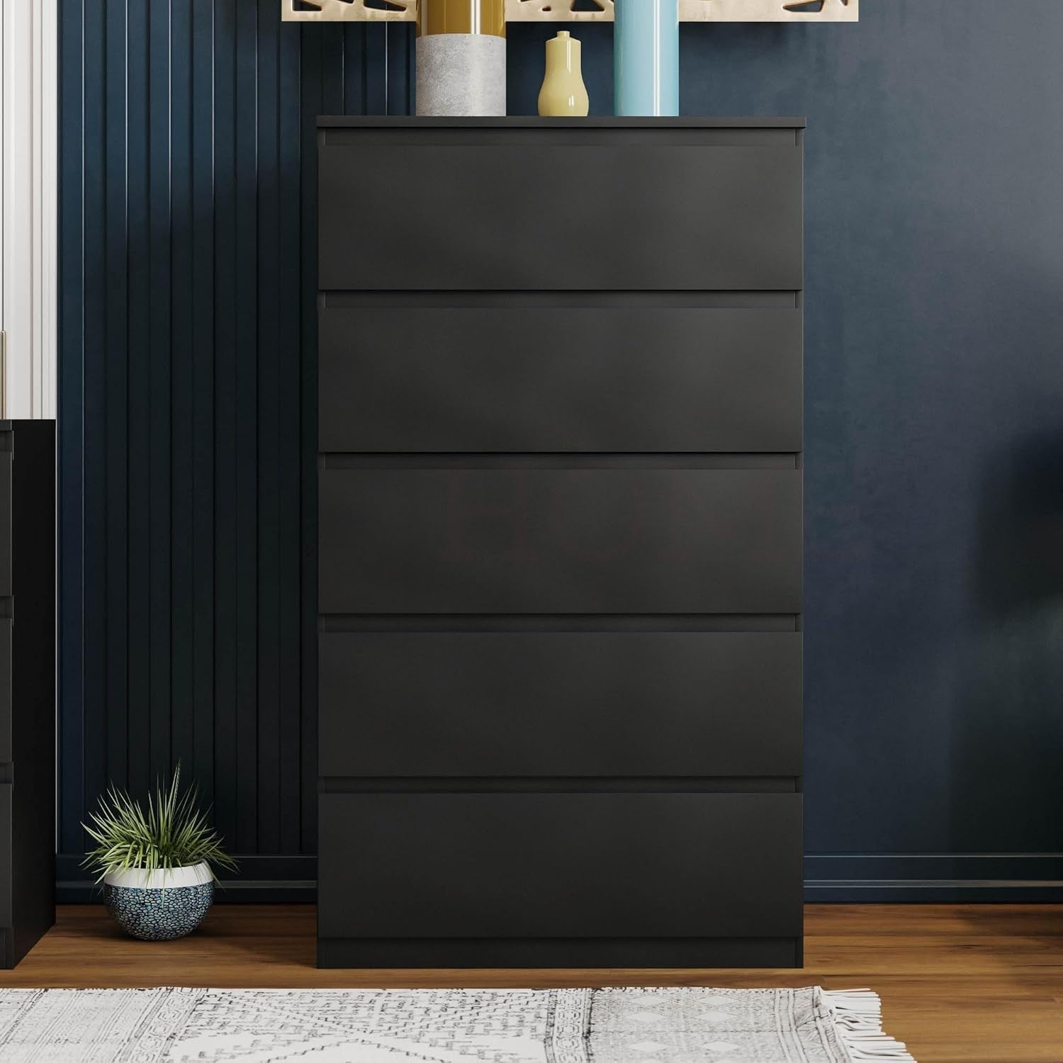 Black 5 Drawer Chest Modern Tallboy Storage Unit for Bedroom Living Room