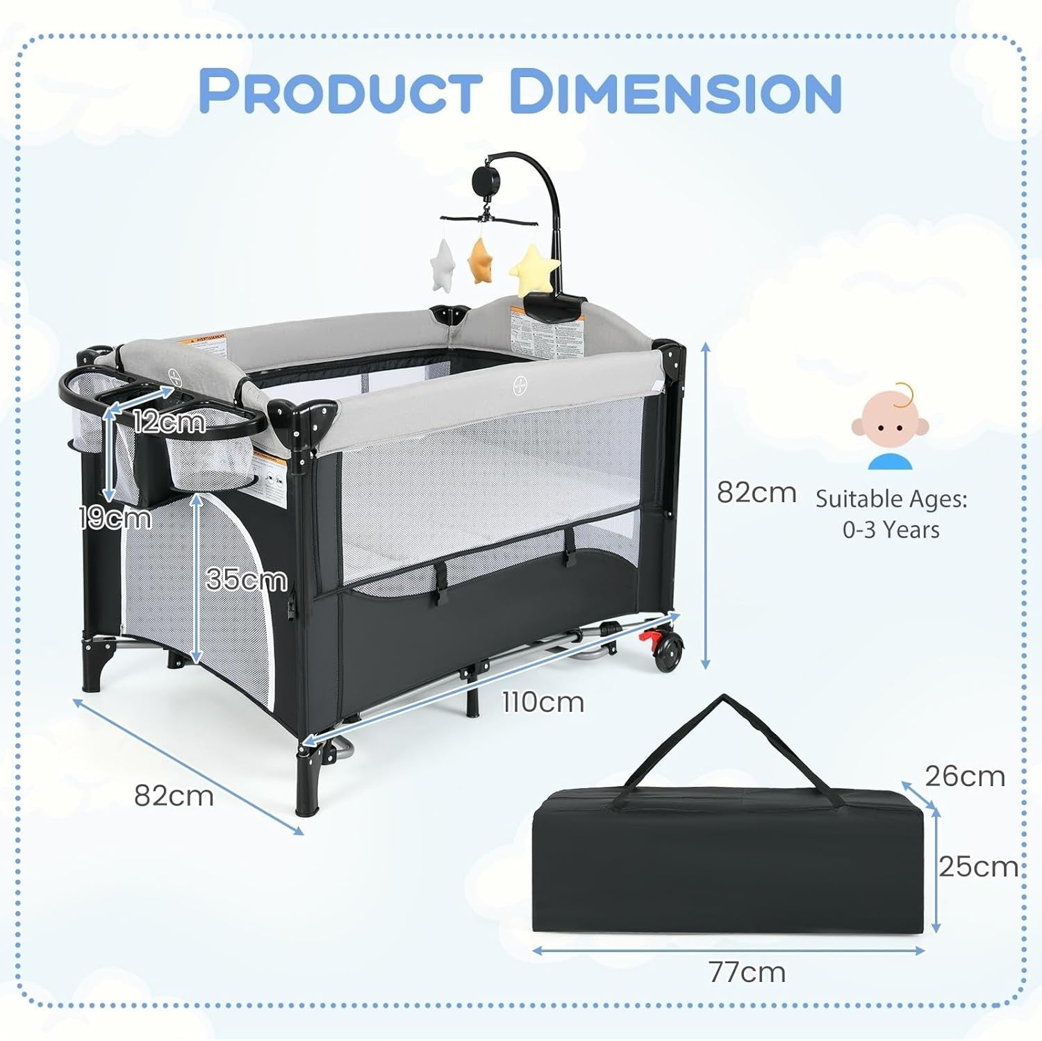 6in1 Baby Travel Cot Foldable Crib with Mattress, Changer & Storage Dark Grey
