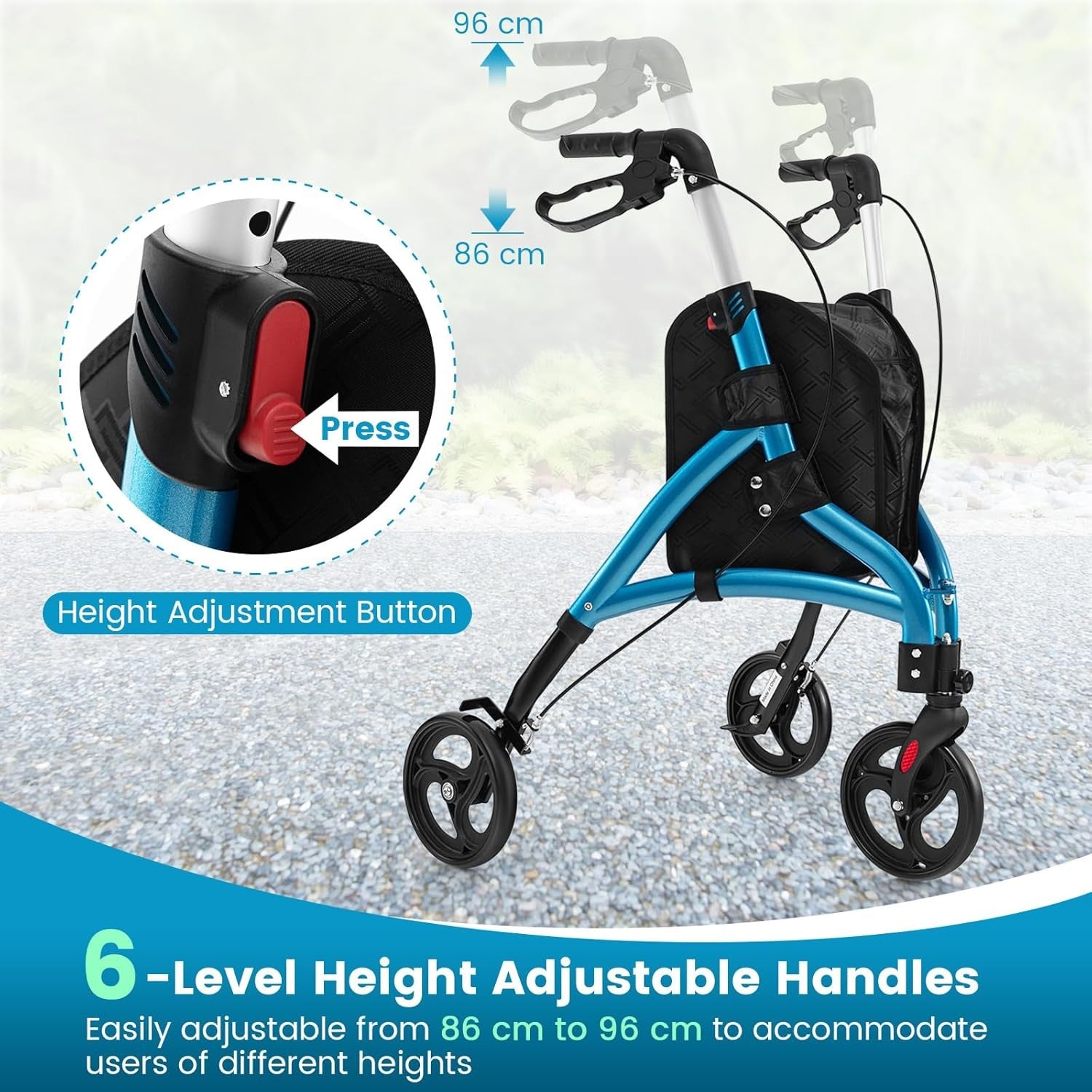 3 Wheel Folding Rollator Walker Lightweight Adjustable Mobility Aid with Brakes