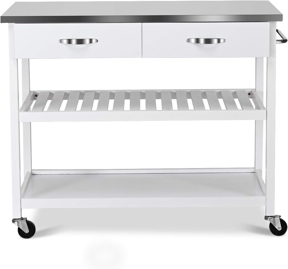Kitchen Island Trolley Rolling Serving Cart Stainless Steel Top Drawers